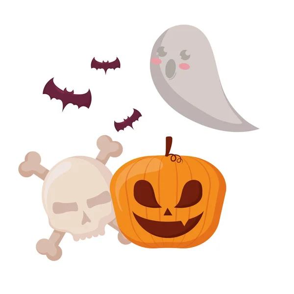 Joyeuse citrouille d'Halloween avec crâne et fantôme — Image vectorielle
