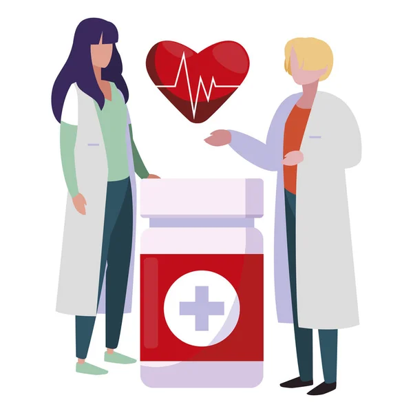 Par läkare med hjärtat cardio och flaska läkemedel — Stock vektor