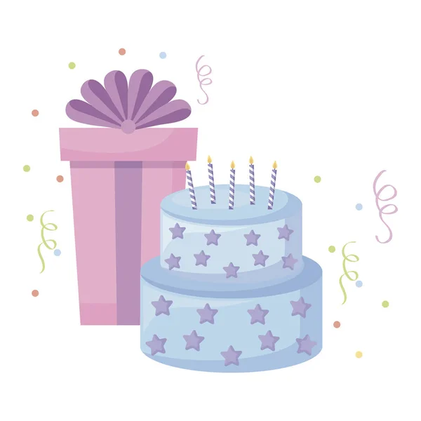 Süße Torte mit Kerzen und Geschenkbox — Stockvektor