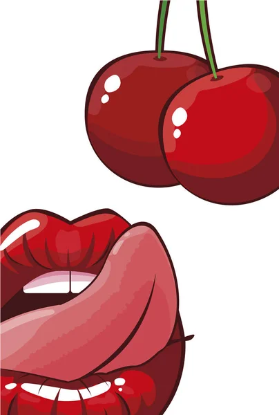 Sexy hembra labios con cerezas fruta pop arte estilo — Vector de stock