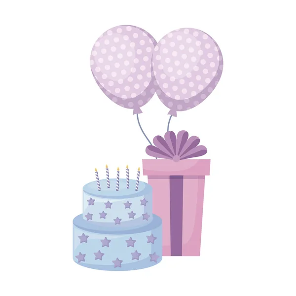 Süße Torte mit Geschenkbox und Luftballons Helium — Stockvektor