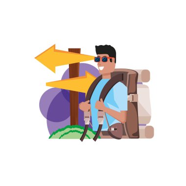 Gezgin adam seyahat çantası ve ahşap ok sinyal