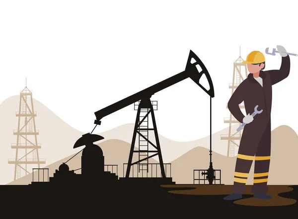 Olie industrie werknemer met hulpprogramma's avatar karakter — Stockvector