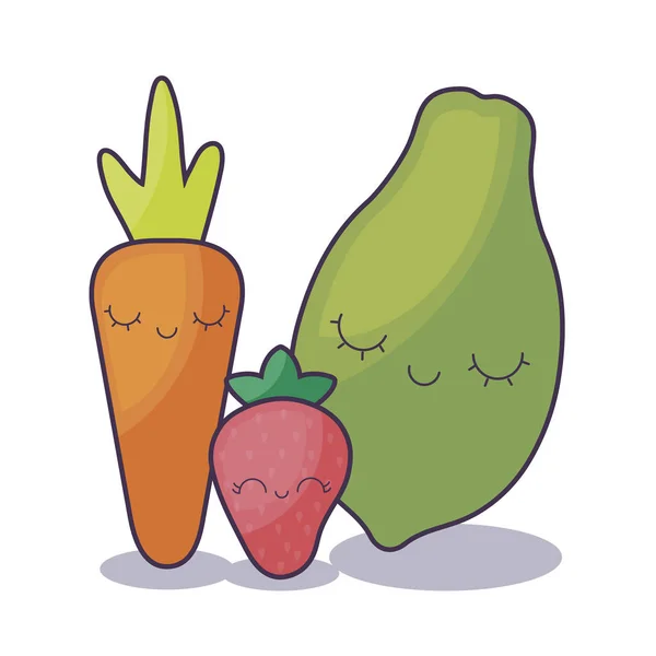 Papaya con carattere kawaii alla fragola e carota — Vettoriale Stock