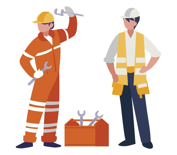 Pareja de hombres constructores que trabajan con caja de herramientas — Vector de stock