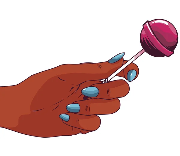 Hand met lollipop zoete pop-art stijl — Stockvector
