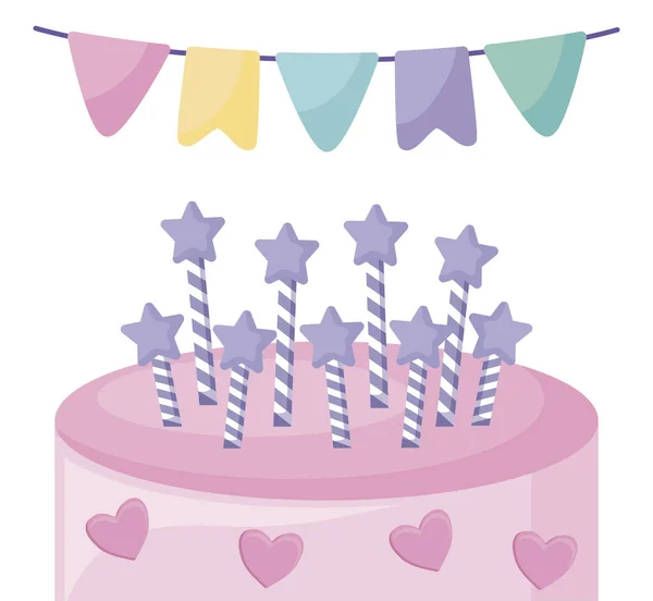 挂着蜡烛和花环的甜蛋糕 — 图库矢量图片