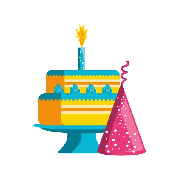 甜蜜的生日蛋糕与帽子派对 — 图库矢量图片