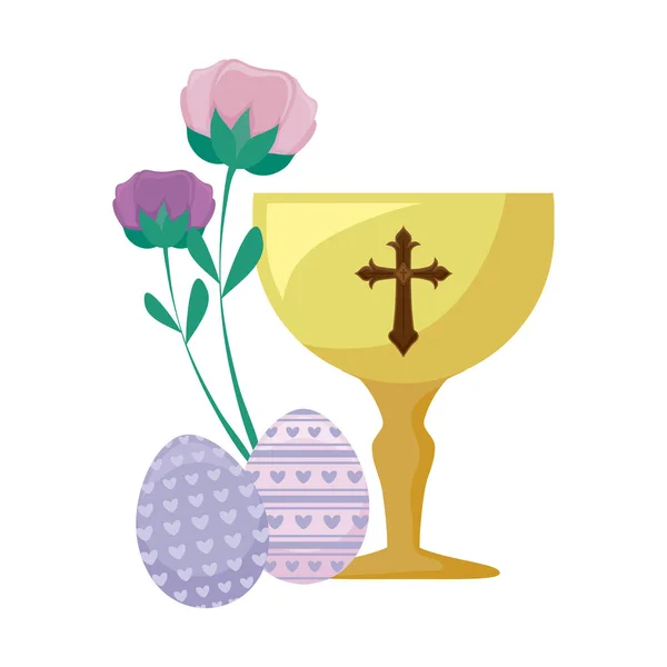Cáliz con huevos de Pascua y flores — Vector de stock