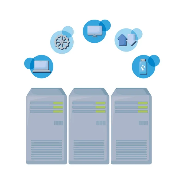 Servidor de torre com ícones de dados — Vetor de Stock