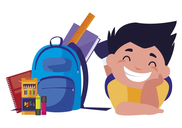快乐的小小学生与书包和用品 — 图库矢量图片