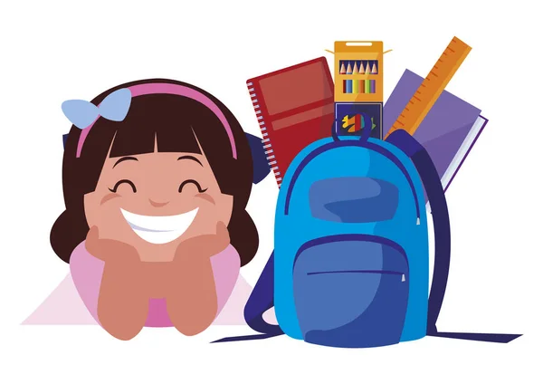 Glückliches kleines Schulmädchen mit Schulranzen und Vorräten — Stockvektor