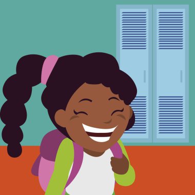 Çantanı okul koridor ile küçük siyah kız öğrenci