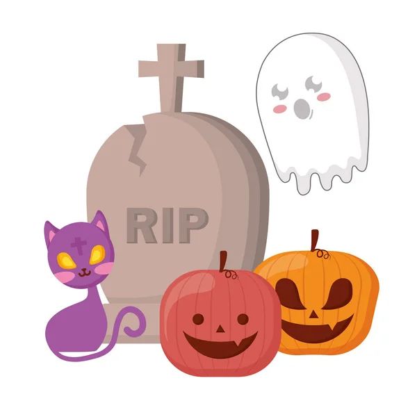 Lápida de Halloween con calabazas y gatos — Archivo Imágenes Vectoriales