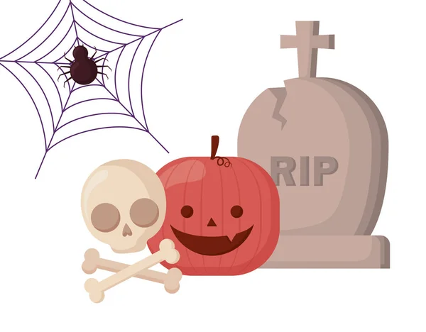 Felice zucca di Halloween con teschio e pietra tombale — Vettoriale Stock
