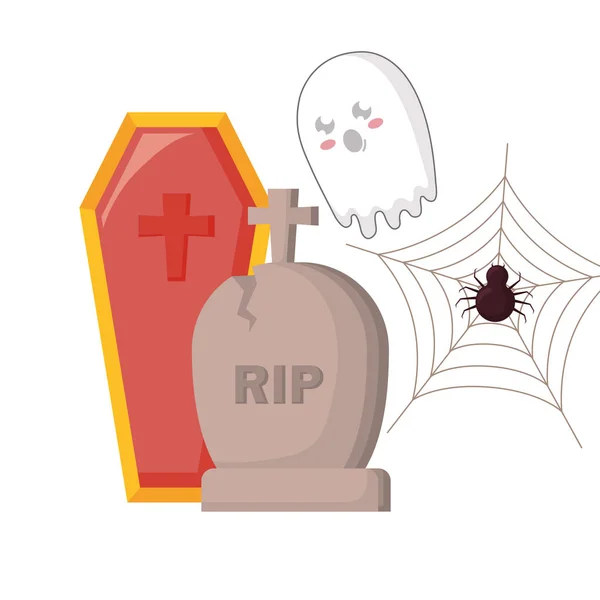 Halloween gravestone with coffin and ghost — Stock Vector