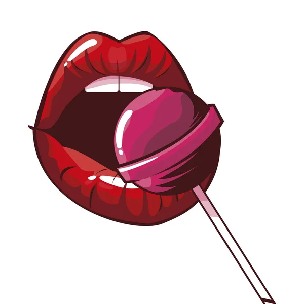 Sexy female lips with lollipop pop art style — Stock Vector