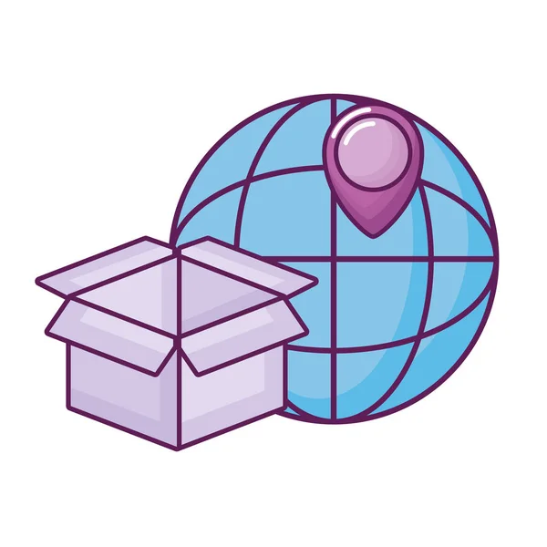 Verpakking-box met de locatie van de planeet en pin — Stockvector