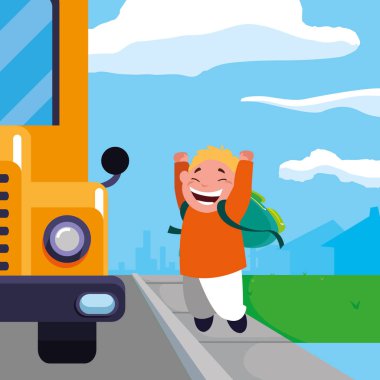 Çantanı otobüs durağı ile küçük okul çocuğu