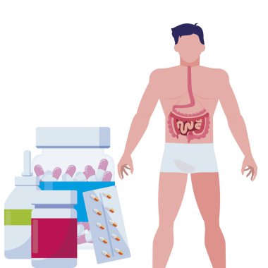 adam anatomisi ile sindirim sistemi ve tıbbi simgeler