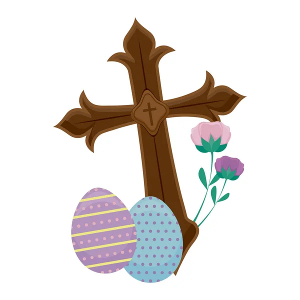 Wooden catholic cross with eggs of easter — Stock Vector