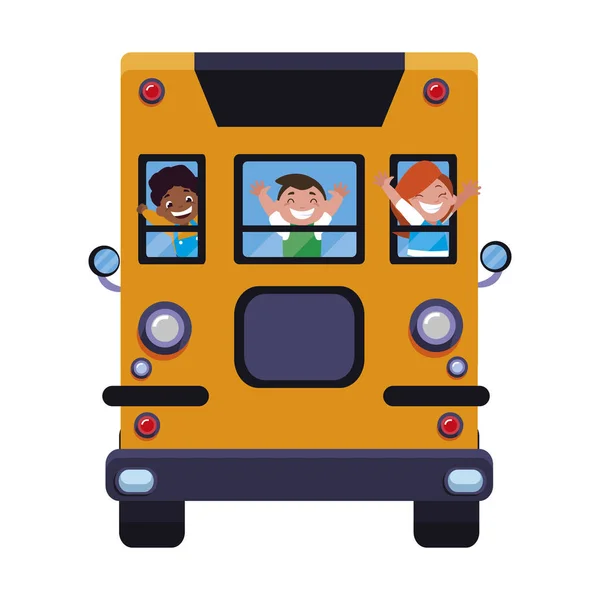 Felice piccolo interrazziale scuola bambini in il autobus — Vettoriale Stock