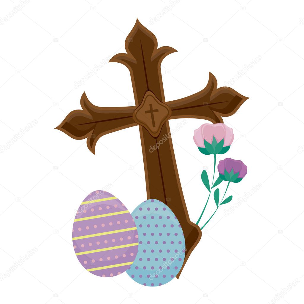 wooden catholic cross with eggs of easter