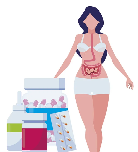 Female anatomy with digestive system and medicines — Stock Vector