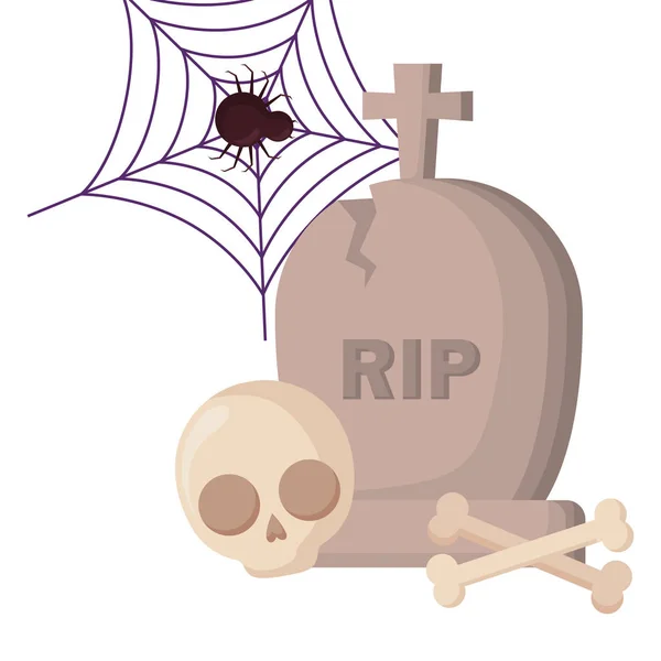 Halloween gravestone spider and skull — Stock Vector