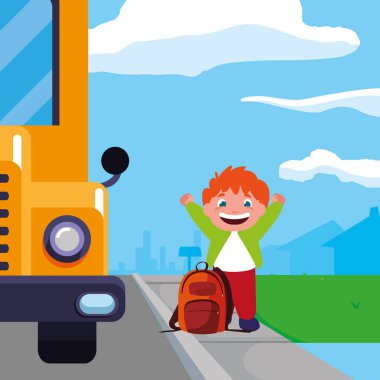 Çantanı otobüs durağı ile küçük okul çocuğu