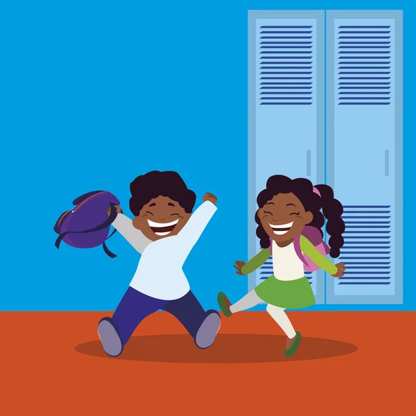 Glad liten svart skolbarnen i korridor — Stock vektor