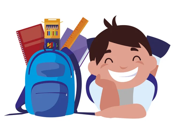 Happy little schoolboy with schoolbag and supplies — Stock Vector