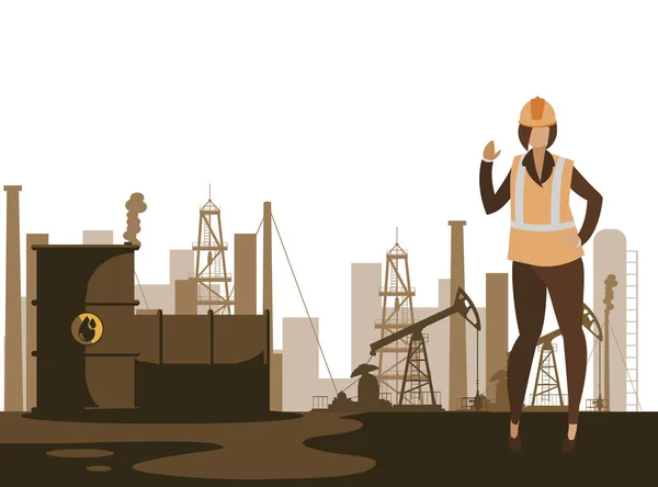 Indústria petrolífera caráter feminino trabalhador — Vetor de Stock