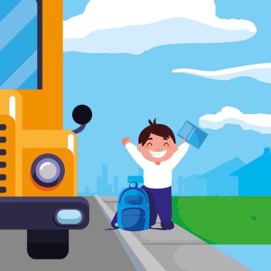 Çantanı otobüs durağı ile küçük okul çocuğu