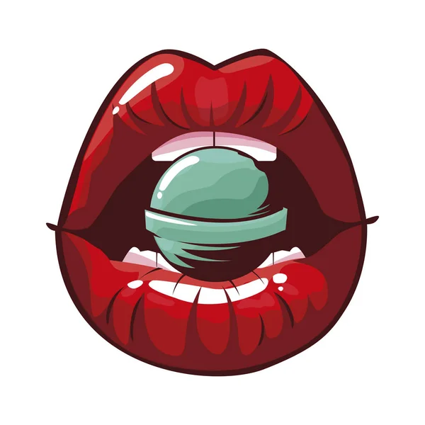 Lábios femininos sexy com estilo de arte pop pirulito — Vetor de Stock