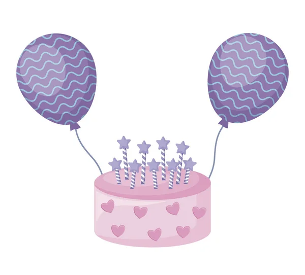 Süße Torte mit Kerzen und Luftballons Helium — Stockvektor