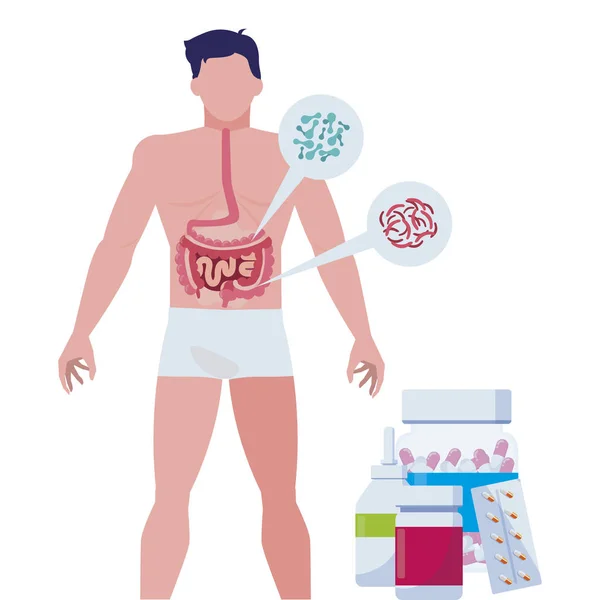 Anatomía del hombre con el sistema digestivo e iconos médicos — Archivo Imágenes Vectoriales