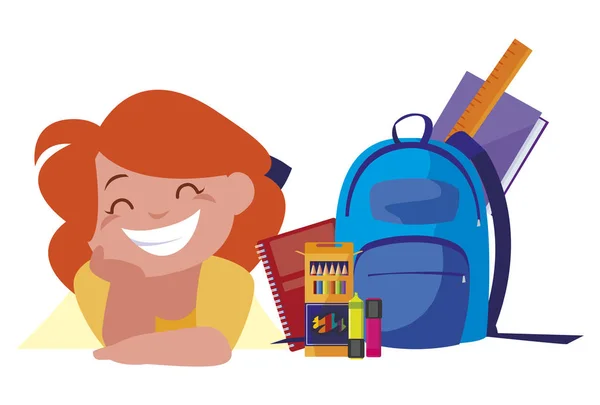 Glad liten skolflicka med skolväskan och förnödenheter — Stock vektor