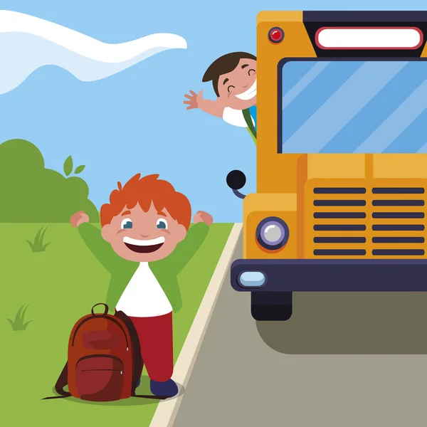 Glada lilla skolpojkar i busshållplatsen — Stock vektor