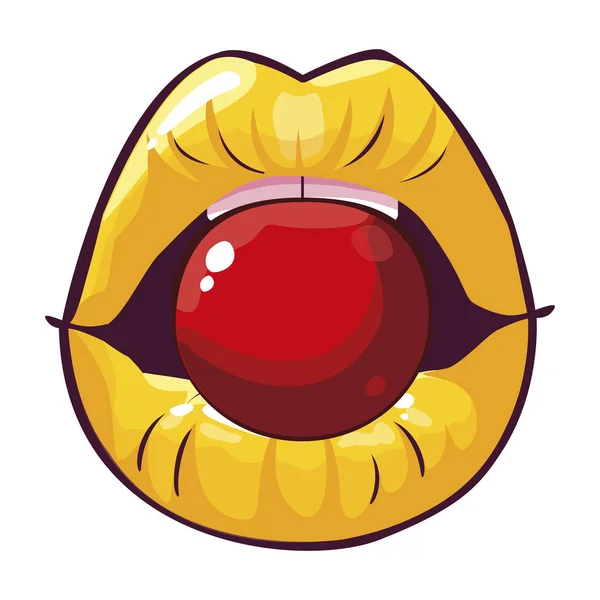 Labbra femminili sexy con ciliegie frutta pop art style — Vettoriale Stock