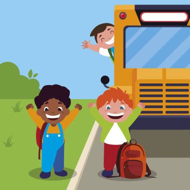 mutlu Interracial çocuk otobüs durağı