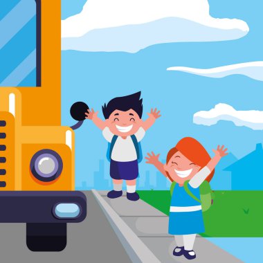 mutlu küçük okul çocukları otobüs durağı