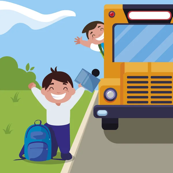 Glada lilla skolpojkar i busshållplatsen — Stock vektor