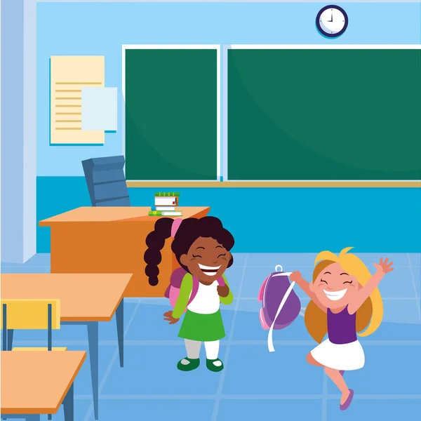Feliz pequeña escuela interracial niñas en el aula — Archivo Imágenes Vectoriales