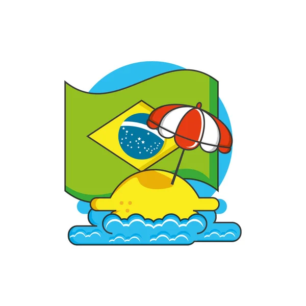 Флаг Бразилии с зонтиком и пляжем — стоковый вектор