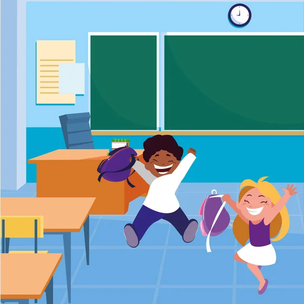 Feliz pouco interracial escola crianças na sala de aula —  Vetores de Stock