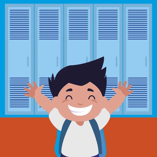 Petit écolier avec cartable dans le couloir scolaire — Image vectorielle