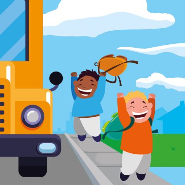 mutlu Interracial çocuk otobüs durağı