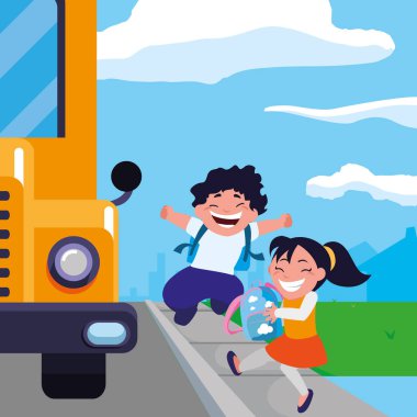 mutlu küçük okul çocukları otobüs durağı