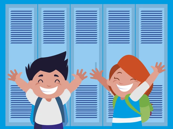 快乐的小学生在学校走廊 — 图库矢量图片